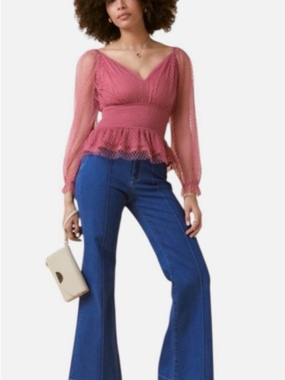Audrey Parks Francesca's Collections Pink Mesh Peplum Long Sleeve Blouse